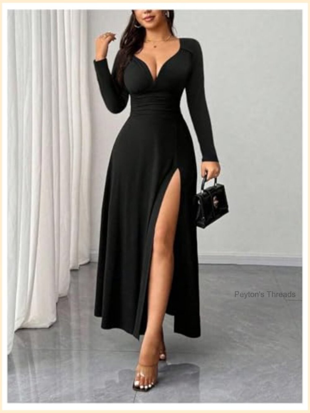 Long Sleeve Drop Waist Maxi Dress Deep V Neck High Split Party Formal - Picture 3 of 5